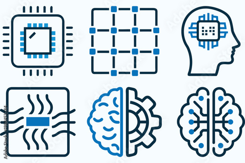 Artificial intelligence icons set showing brain chip and neural network concepts for computer science and futuristic digital technology.