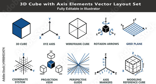 Geometry CAD modeling vector icons set, top view technical symbols, 3D cube, XYZ axis, wireframe, grid, projection, perspective layout