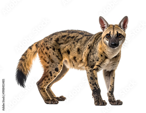 Chupacabra-like canine hybrid with tawny spotted fur and slender build standing alert