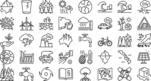 A collection of forty line icons depicting climate change, environmental disasters, sustainability, and renewable energy solutions.