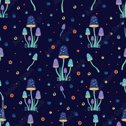 Whimsical Seamless Pattern with Tall Glowing Mushrooms