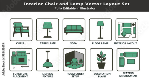 Interior design vector icons set, top view furniture layout symbols, chair, sofa, lamps, decor, room planning, lighting fixture, CAD style