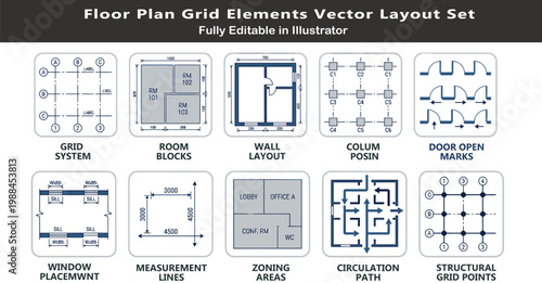 Architectural floor planning vector icons set, top view layout symbols, grid system, walls, doors, windows, zoning, circulation, CAD blueprint design