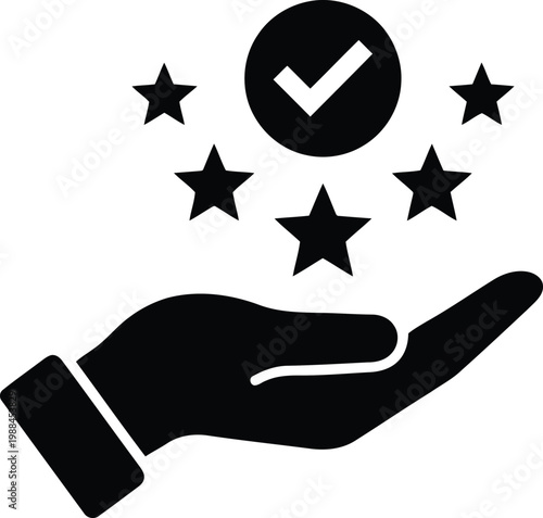 Hand holding stars and checkmark icon vector illustration.