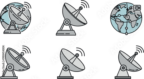 Satellite dish and global communication icon set featuring parabolic antenna equipment world globe maps and wireless signal transmission symbols for telecommunications and broadcasting technology.