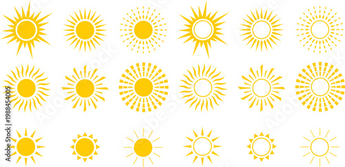 Vector collection of eighteen yellow sun icons in different styles for weather and summer designs