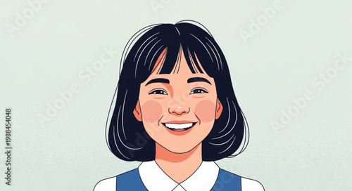 Portrait of a smiling young Asian girl with short black hair.