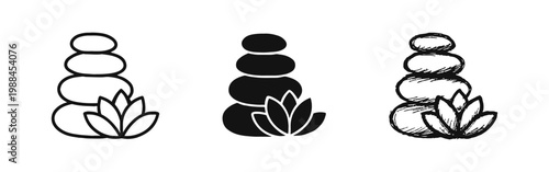 Zen Balancing Stones and Lotus Flower Icons in Three Design Styles