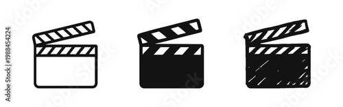 Movie Clapperboard Icon Set in Outline, Solid, and Hand-Drawn Styles for Film Cinema Production