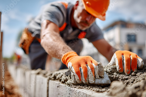 Construction worker laying bricks with trowel at building site during daytime