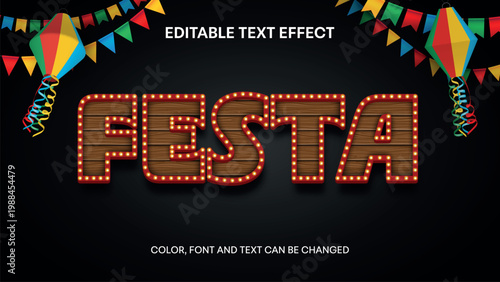festa junina editable txt effect with colorful pennants and lanterns. juna brazilian festival editable text