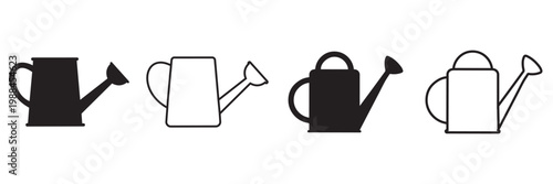 Watering Can Icon Set in Outline, Solid and Silhouette Styles for Gardening and Irrigation Vector Isolated on
 White Background