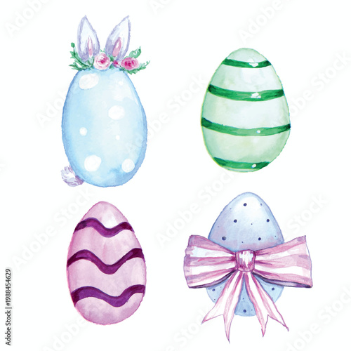Watercolor Easter egg with bunny ears and other Easter elements