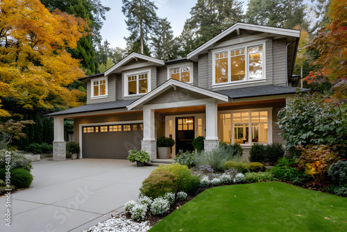 Grand suburban house with inviting front porch in a colorful autumn setting surrounded by green trees