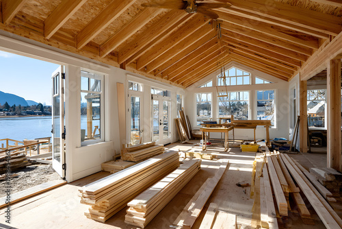 Sunlight shines into unfinished house frame by the lake with wooden beams and construction tools visible