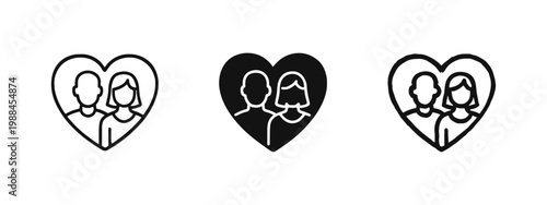 Couple in Love Heart Icon Set in Outline, Solid, and Hand-Drawn Styles for Relationship Design