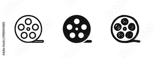 Movie Cinema Film Reel Icon Set in Outline, Solid, and Hand-Drawn Styles for Media Production