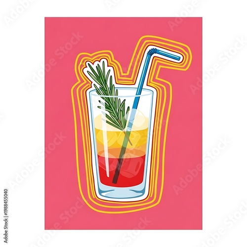 Colorful Cocktail Illustration with Rosemary and Straw on Pink Background.