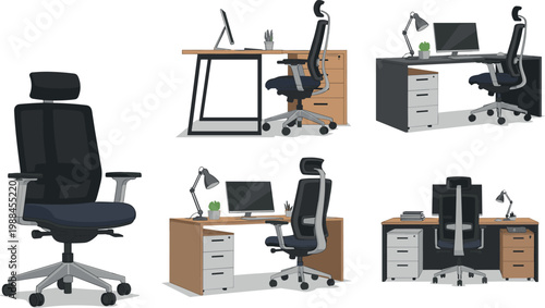 Modern office workspace vector collection featuring ergonomic chairs professional desks computer monitors lamps and drawer units for interior design and corporate workplace concepts.