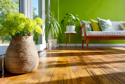 Vibrant green wall with wooden floor and seating area in a bright room with plants and natural light