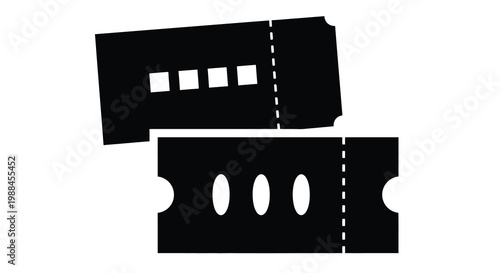 A simple black silhouette depicts two event tickets partially overlapping with perforated edges high quality professional