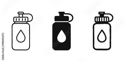 Sports Water Bottle Icons Set - Outline Solid and Hand Drawn Hydration Symbol