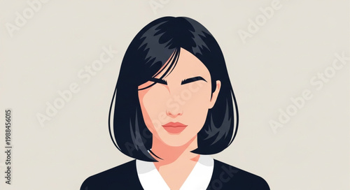 Portrait of a young woman with short black hair and subtle makeup.