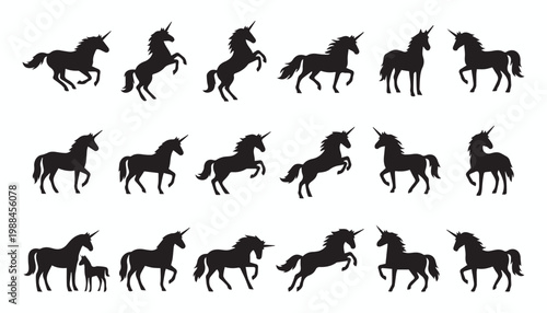 black and white silhouette set of Unicorn very high quality vector illustration.