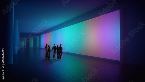 People observing large colorful digital wall in dark futuristic room. Concept of AI enhanced environments, data visualization spaces, immersive tech art installations, and design systems.