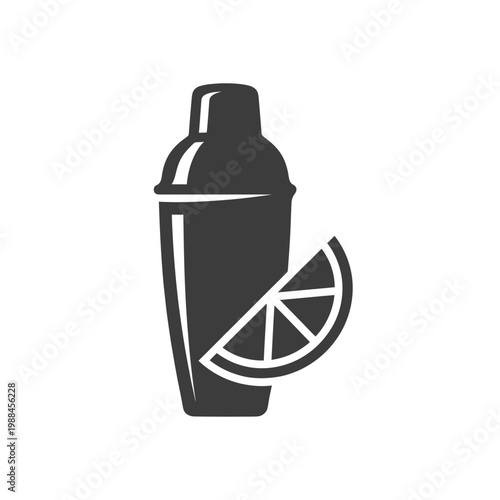 A black cocktail shaker with a lemon slice on the side is shown.