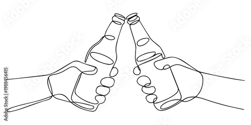 beer clinking one line drawing continuous minimalism. beer bottle celebratory toasting thin line illustration, Two hands clinking glass beer bottles together in a celebratory toast. Continuous line.