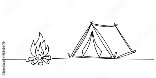 Continuous line drawing of a tent and campfire in the wilderness outdoors, Camping Tent with Campfire Continuous Line Drawing, One continuous line illustration of a tent. one line Icon drawing, symbol