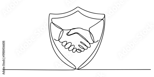 Handshake in shield badge continuous line drawing. Business deal concept. Security partnership symbol, Hands holding shield badge continuous one line drawing. secure safety symbol simple minimal one.