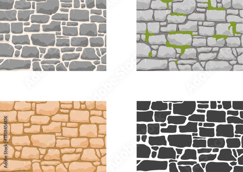 Vector set of four stone wall textures in various colors for architectural and gaming design