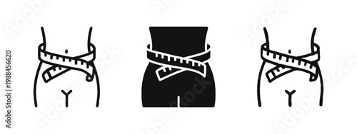 Slimming Waist with Measuring Tape Icons Set - Weight Loss and Diet Concept