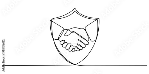 Handshake in shield badge continuous line drawing. Business deal concept. Security partnership symbol, Hands holding shield badge continuous one line drawing. secure safety symbol simple minimal one.