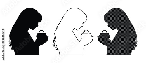 Set of 3 Girl Silhouettes Holding Small Lock or Basket Vector isolated PNG with Transparent Background