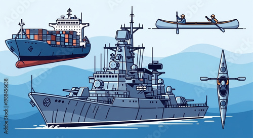 Various watercraft including a cargo ship a warship and kayaks.
