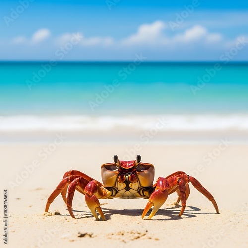 Vibrant Red Crab on a Tropical Beach - A Coastal Wildlife Encounter.