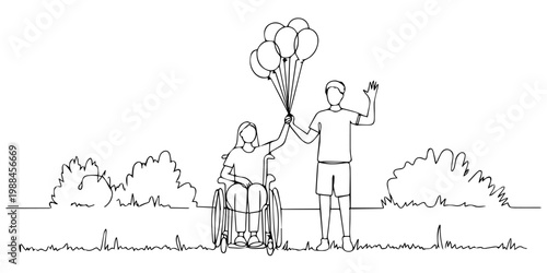 Continuous one line drawing of Happy disabled girl with balloons and healthy boy run outdoor, isolated on transparent background, continuous line drawing of happy children running with balloons on pro