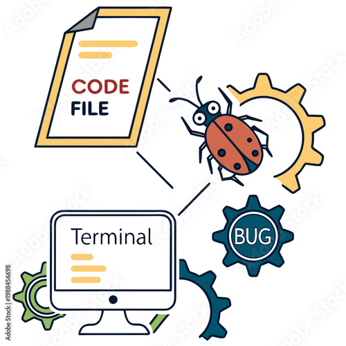 A vector graphic illustrating the concept of debugging code with a ladybug and computer terminal