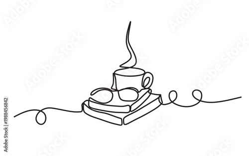 a cup of hot coffe on a pile of line art books -eps
