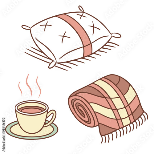 A cozy vector illustration of a cup of hot tea, a blanket, and a pillow on a plain background