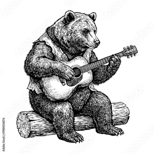 hand drawn illustration of a bear playing guitar vector