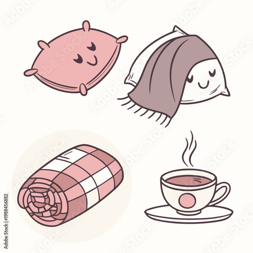 A set of cute cartoon illustrations of pillows, blankets, and a cup of tea for a cozy atmosphere