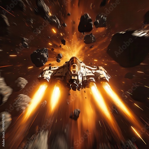 Spacecraft with glowing thrusters navigating through fiery asteroid field digital illustration sci-fi concept