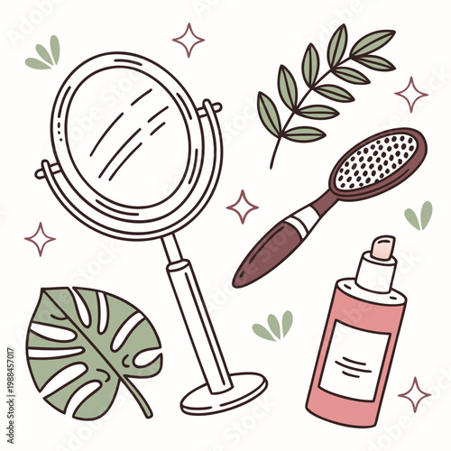 A minimalist vector illustration of a vanity setup with a mirror, hairbrush, and beauty products