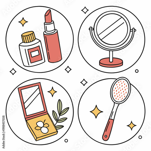 A set of colorful makeup icons including lipstick, nail polish, a mirror, and a brush
