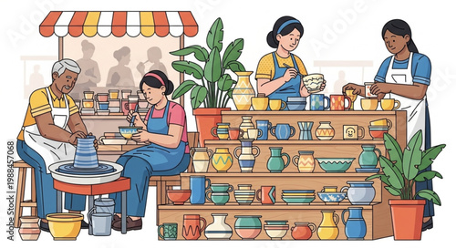 Pottery class with diverse students learning ceramic art.