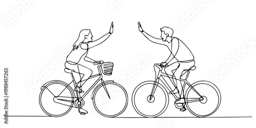Single one line drawing young happy couple riding bicycle romantically holding hands together at outdoor park, Male and female take their hand and connecting together gesture. Relationship concept pro